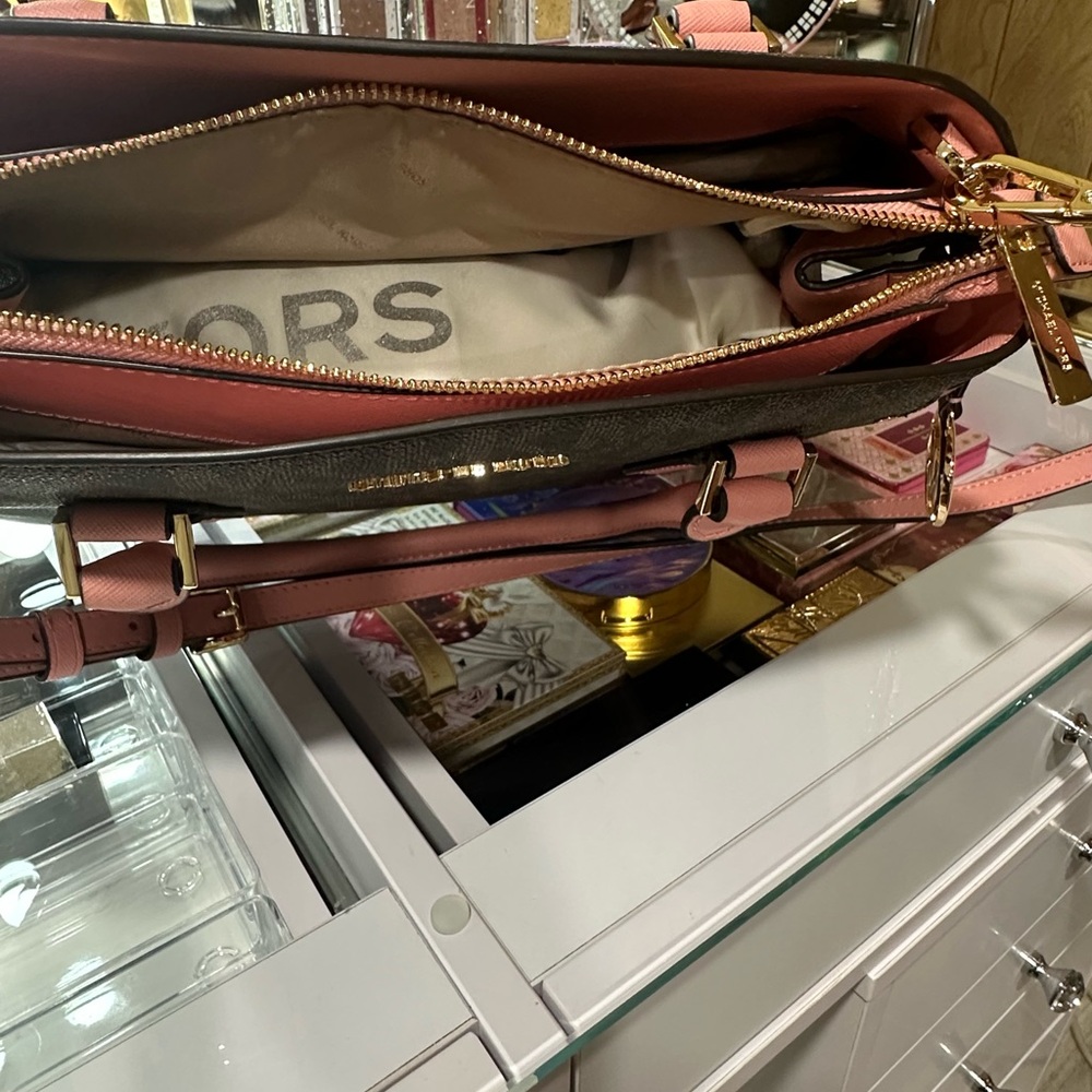 Michael Kors Brown Signature Satchel with Pink Trim - Picture 9 of 11